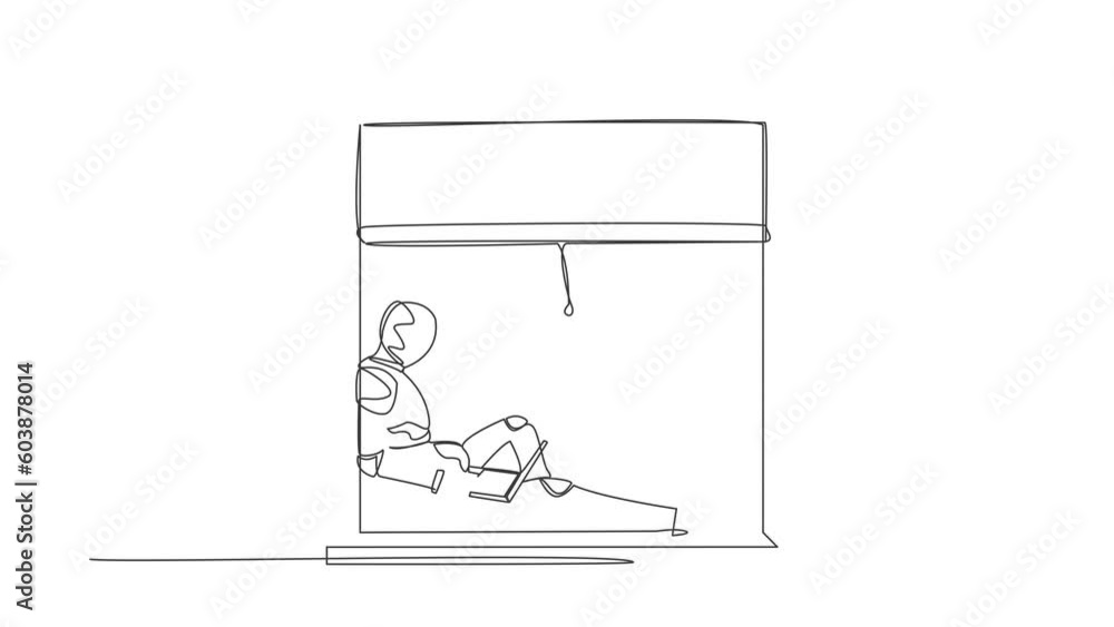 Poster animated self drawing of continuous line draw robot freelancer sitting on windowsill, working using 