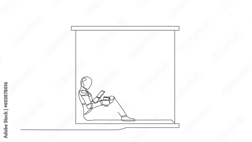 Poster animated self drawing of continuous line draw robot sitting on windowsill with smartphone, coffee. c