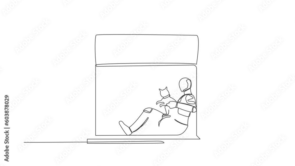 Poster animated self drawing of single continuous line draw robot with pet cat sitting in windowsill. frien
