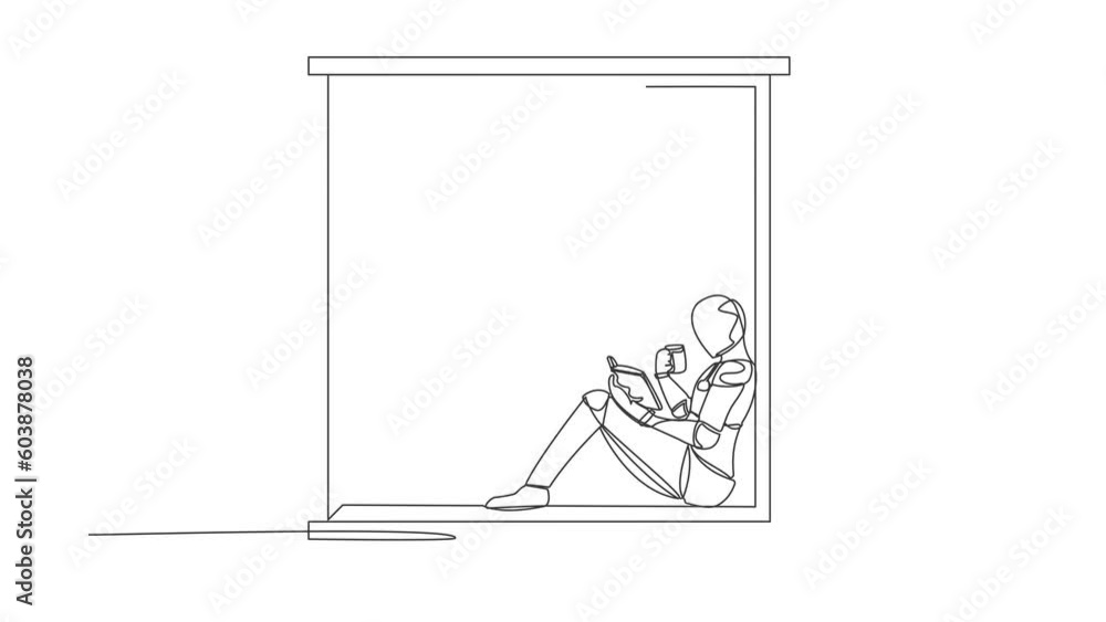 Poster animated self drawing of continuous line draw robot on windowsill with cup of hot coffee, reading bo