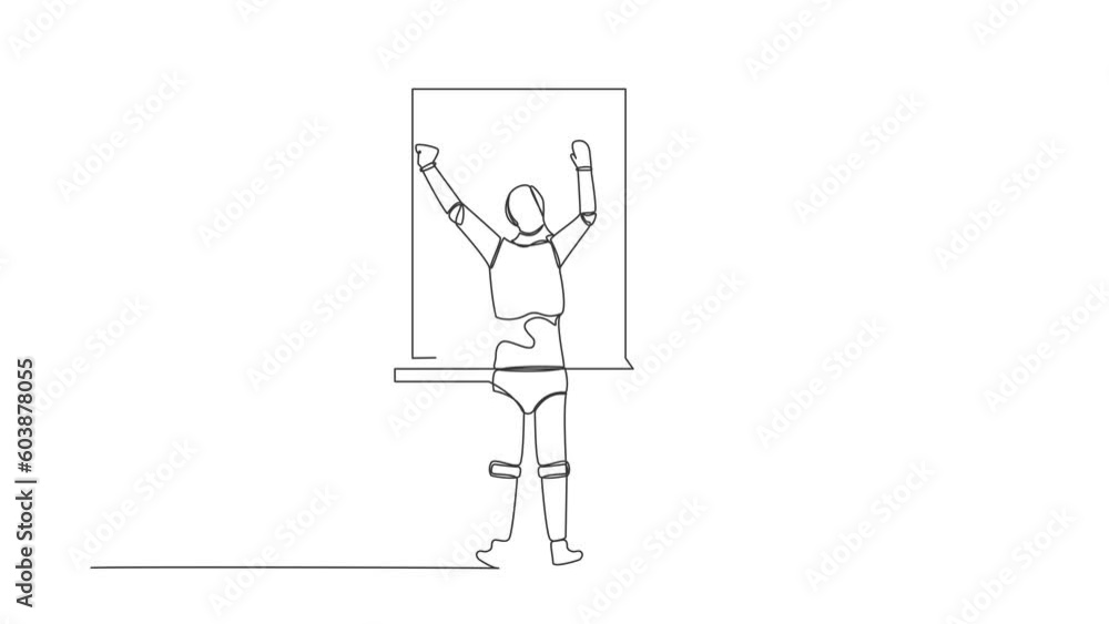 Poster animated self drawing of continuous one line draw back view robot stretching arms in window. good mo
