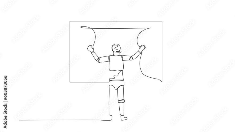 Poster animated self drawing of continuous line draw robot opening window curtains. wake up and open curtai