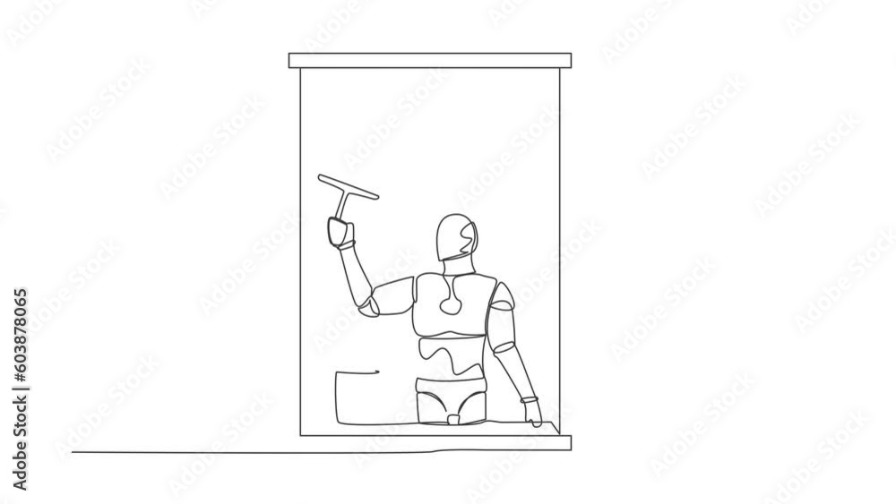 Poster self drawing animation of single line draw of robot cleaning windows with cleaner tools. washing win