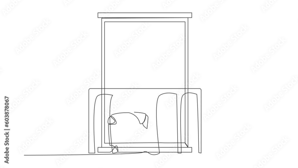 Poster animated self drawing of continuous line draw robot with headphone practices yoga near window. sport