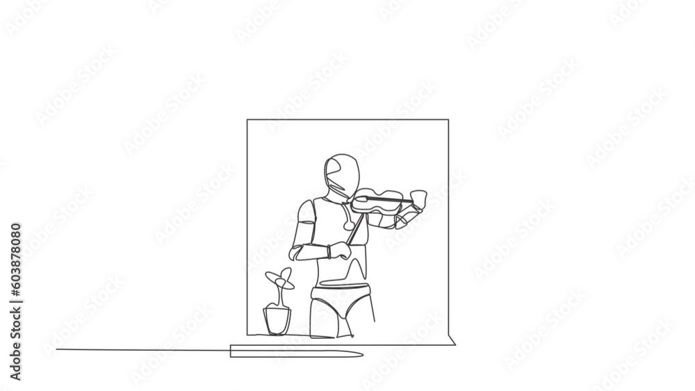 Poster animated self drawing of continuous line draw robot musician standing near window playing violin in 