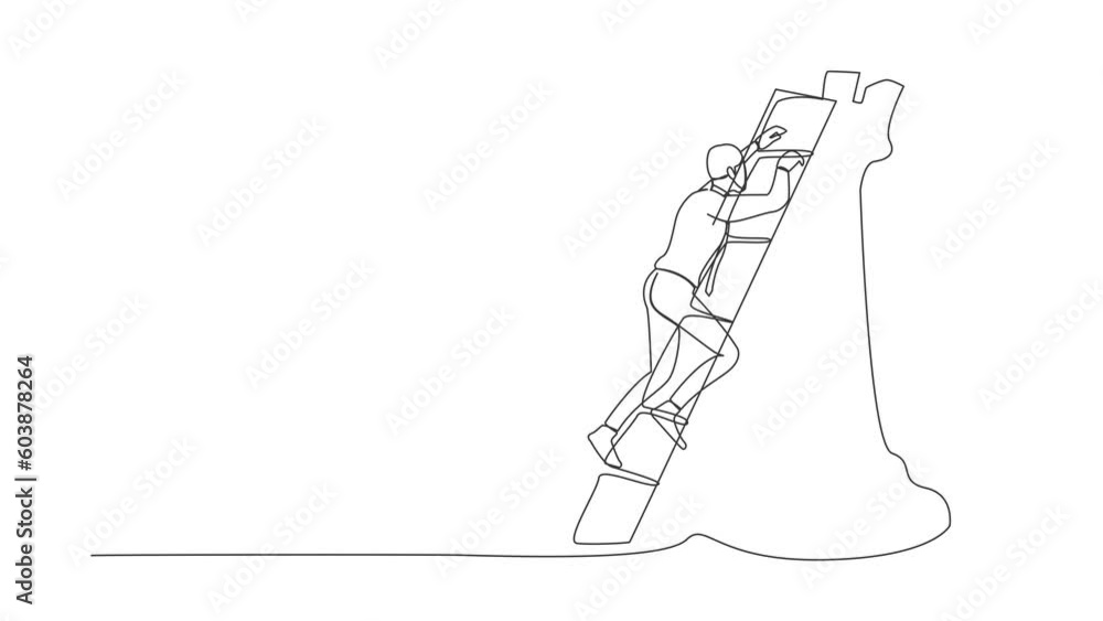 Poster animated self drawing of continuous line draw active businessman climb huge rook chess piece with la