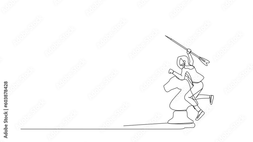 Poster animated self drawing of continuous line draw of competitive businesswoman holding dart arrow aiming