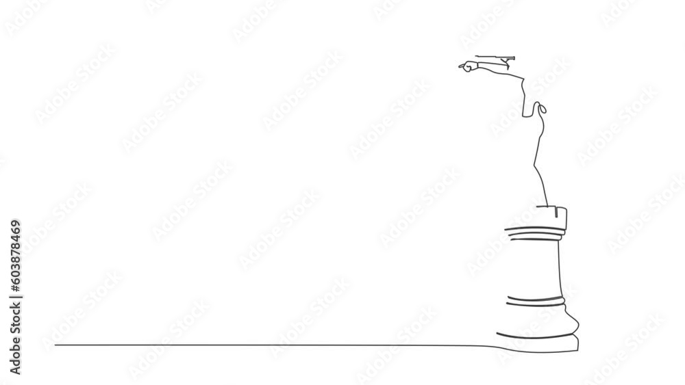 Poster self drawing animation of single line draw of businesswoman on top of rook chess piece pointing usin