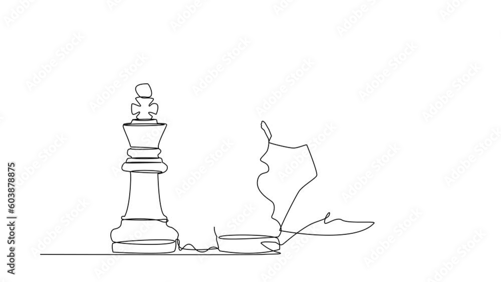 Poster animated self drawing of continuous line draw intellect arab businessman push pawn chess piece to be