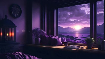 animated virtual backgrounds, stream overlay loop, cozy lo-fi living room at sunset, vtuber asset twitch zoom OBS screen, anime chill hip hop.