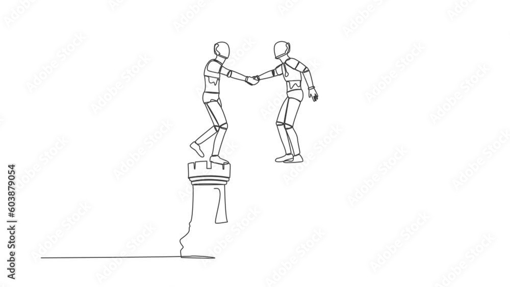 Poster self drawing animation of single line draw robot leader shaking hand on rook chess. collaboration st