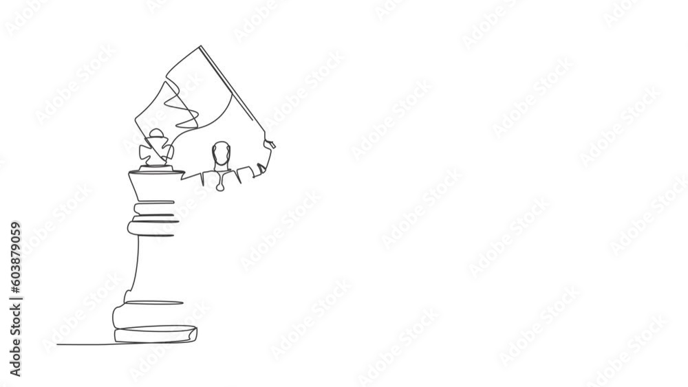Poster animated self drawing of continuous line draw robot waving flag on king chess piece metaphor of win 