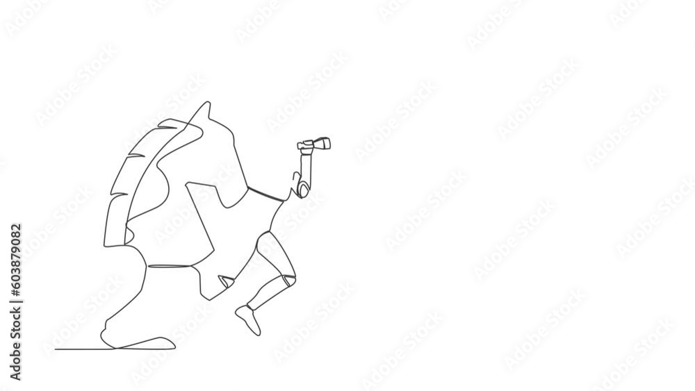 Poster animated self drawing of continuous line draw robot standing on horse chess using telescope to see b