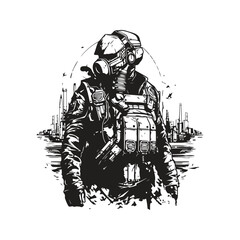 cyberpunk soldier city warfare, vintage logo line art concept black and white color, hand drawn illustration