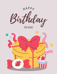 happy birthday card template design, with birthday gift as background, candy and strawberry cupcake