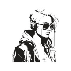 cyberpunk woman in glasses, vintage logo line art concept black and white color, hand drawn illustration