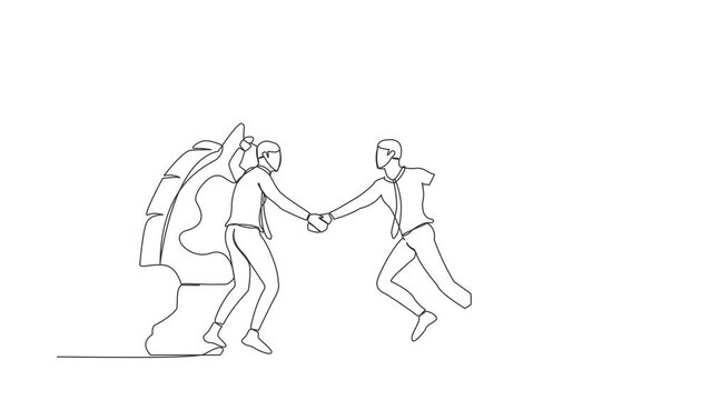 Animated self drawing of continuous line draw businessman competitors standing on horse chess piece, handshaking after finish agreement. Strategy, win-win situation. Full length single line animation