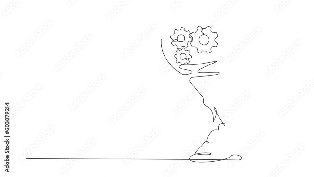 Poster animated self drawing of continuous one line draw gear launching with light bulb. fixing economic to