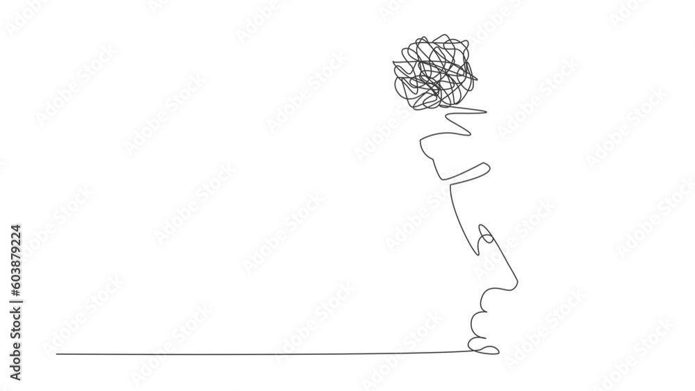 Poster animated self drawing of continuous line draw messy line launching with light bulb. searching thinki