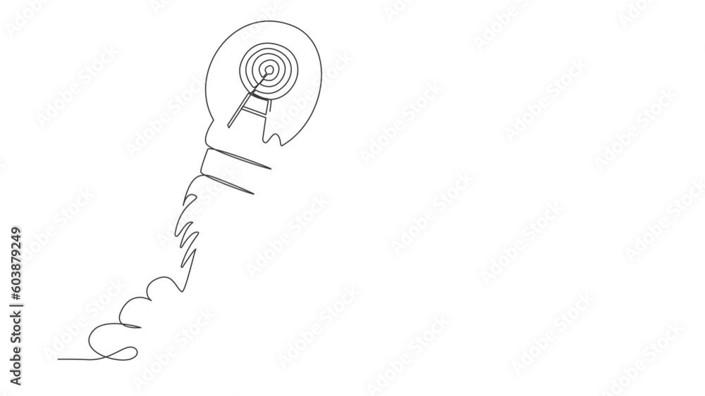 Poster self drawing animation of single line draw dartboard launching with lightbulb. startup target, launc