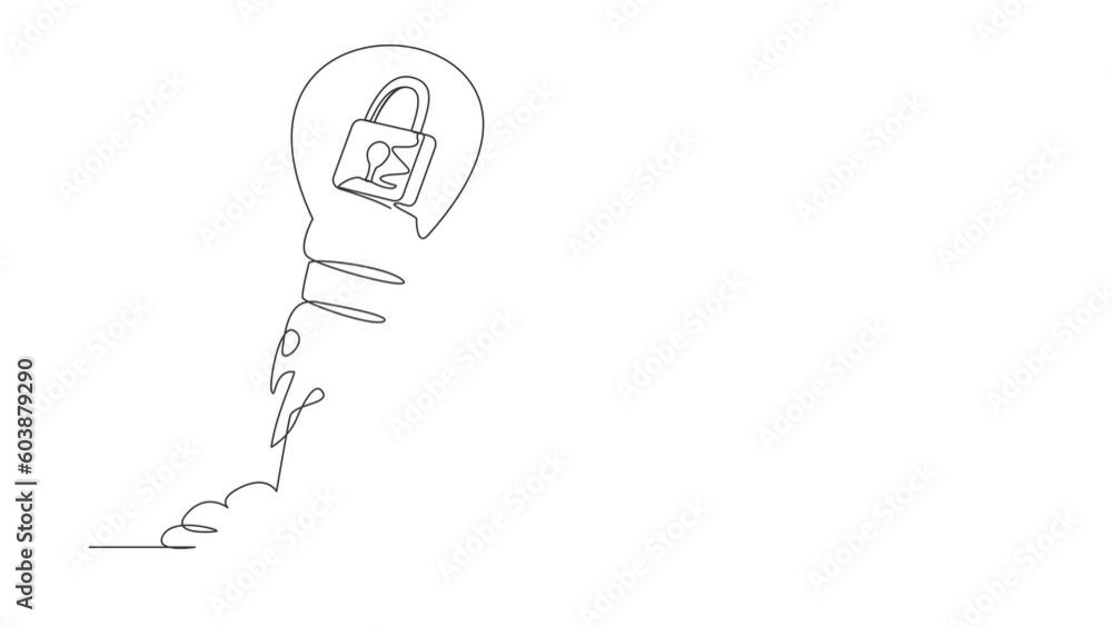 Poster animated self drawing of continuous one line draw padlock launching with light bulb. business protec