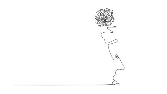 Animated self drawing of continuous line draw messy line launching with light bulb. Searching thinking of idea through complicated and chaotic way. Mind and brain work. Full length one line animation