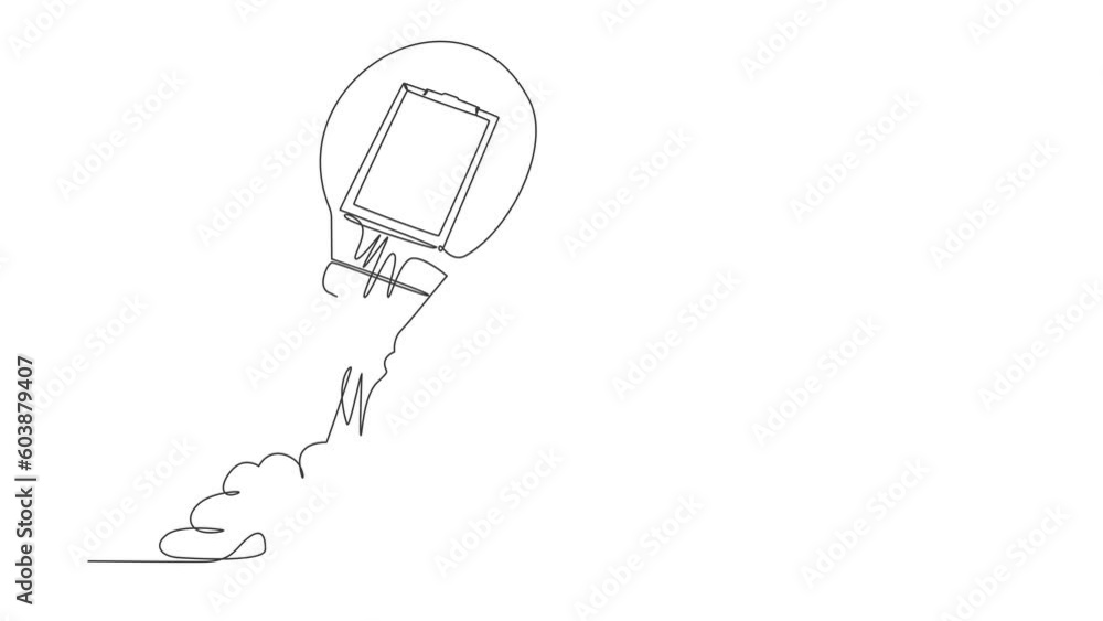 Poster animated self drawing of continuous line draw of clipboard launching with light bulb. checklist with