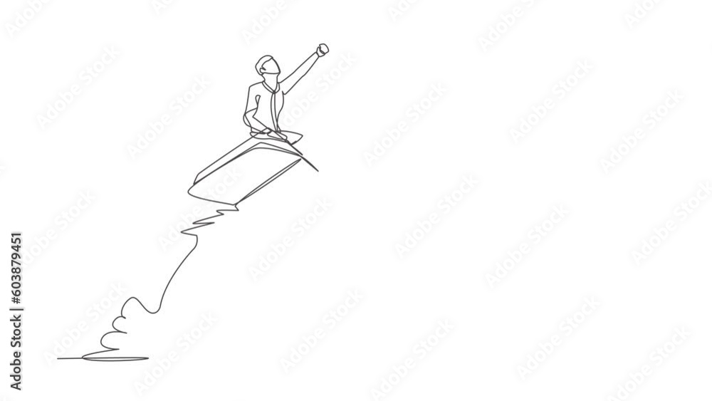 Poster animated self drawing of continuous line draw businessman riding book rocket flying in sky. increase