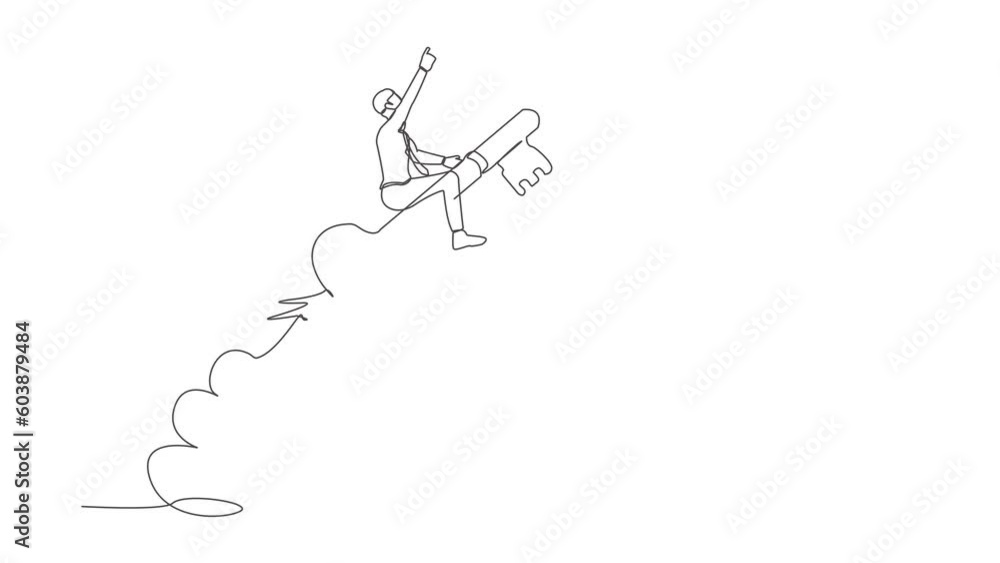 Poster animated self drawing of continuous line draw businessman riding key rocket flying in the sky. disco