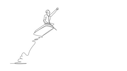 Animated self drawing of continuous line draw businessman riding book rocket flying in sky. Increase interest in reading smart students. Bookstore, education concept. Full length one line animation - Powered by Adobe
