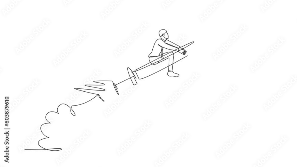 Poster animated self drawing of single continuous line draw of businessman riding syringe rocket flying in 