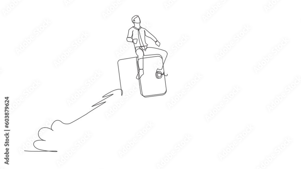 Poster animated self drawing of continuous line draw businessman riding safe deposit box rocket flying in s