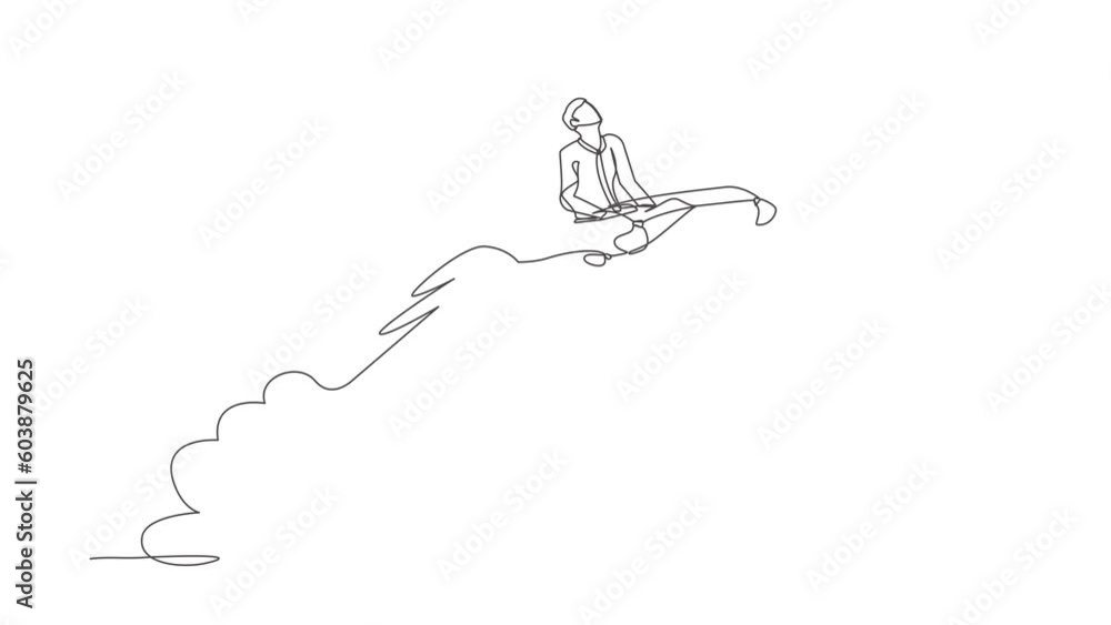 Poster animated self drawing of continuous line draw businessman riding magic carpet rocket flying in the s