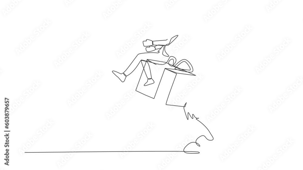 Aufkleber animated self drawing of continuous line draw of businesswoman riding gift box rocket flying in sky.