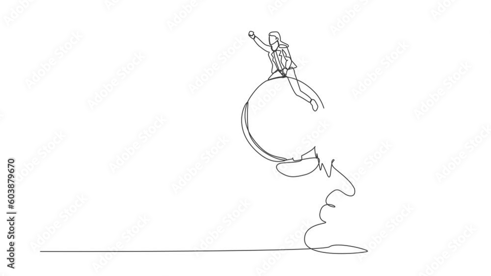 Aufkleber self drawing animation of single one line draw businesswoman riding alarm clock rocket flying in sky