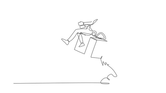 Animated self drawing of continuous line draw of businesswoman riding gift box rocket flying in sky. Package cardboard box with attached rockets. Box with booster. Full length single line animation