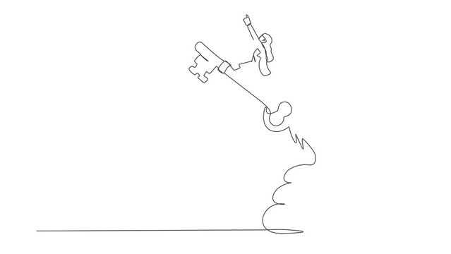 Self drawing animation of single one line draw of businesswoman riding key flying in sky. Leadership or motivation to find opportunity. Discover success keyhole. Continuous line. Full length animated