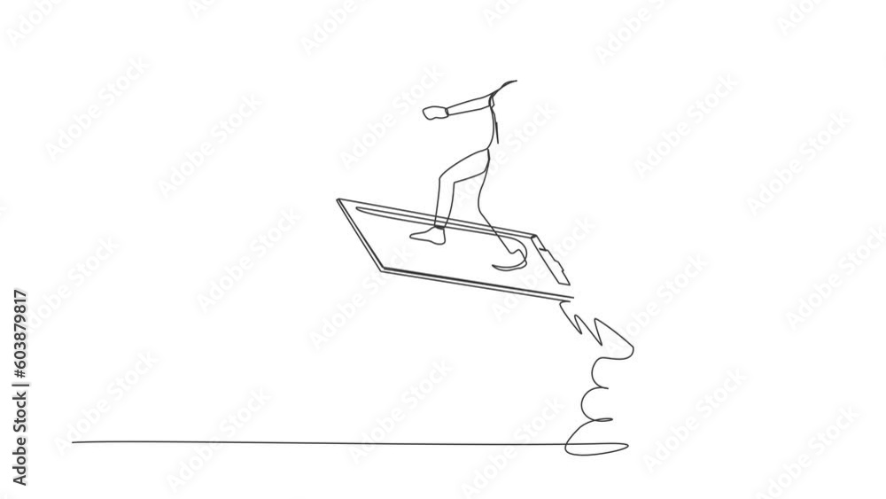 Aufkleber animated self drawing of continuous line draw businesswoman riding clipboard rocket flying in the sk