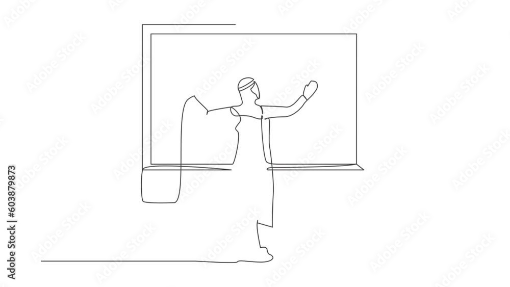 Aufkleber self drawing animation of single one line draw arab man opening window curtains. wake up open curtai