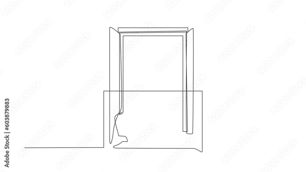 Poster animated self drawing of continuous line draw arabian man with headphone practices yoga near window 