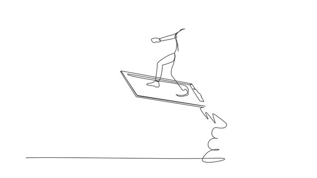 Animated self drawing of continuous line draw businesswoman riding clipboard rocket flying in the sky. Checklist data analyze of employee status. Company development. Full length single line animation