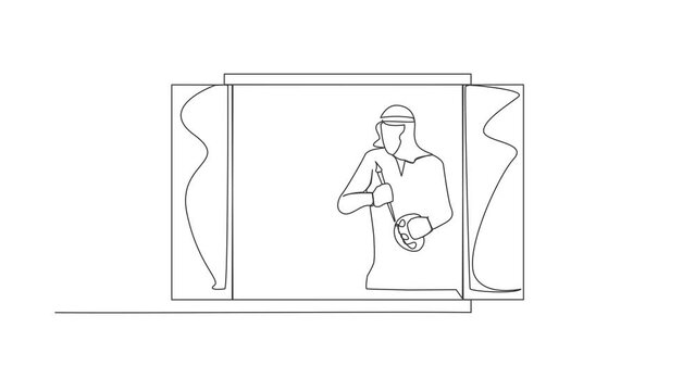 Animated self drawing of continuous line draw Arab man painter drawing indoor near window. Male holding paint brush, palette, sketching on canvas. Artist painting. Full length single line animation