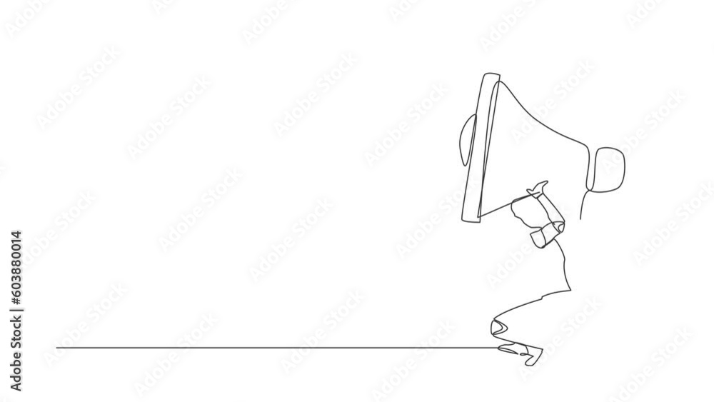 Poster self drawing animation of single line draw tired robot carrying megaphone on back. conflict trouble 