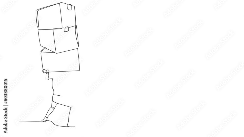 Poster animated self drawing of continuous line draw of tired robot carrying pile of box on back. overworke
