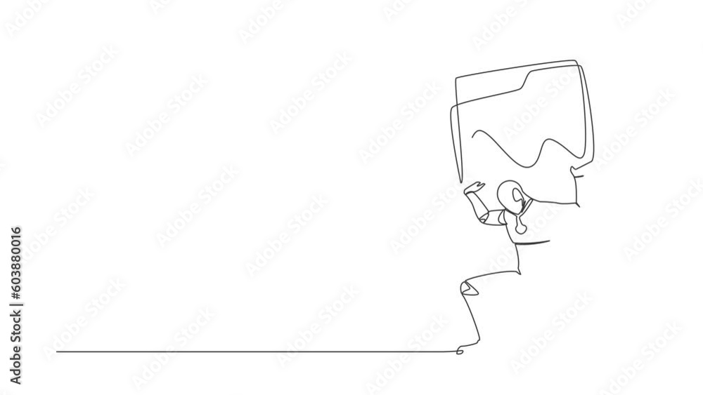 Poster self drawing animation of single line draw tired robot carrying folder icon on his back. frustrated 