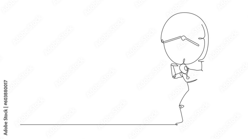 Poster self drawing animation of single line draw tired robot carrying clock on back. robot work within dea