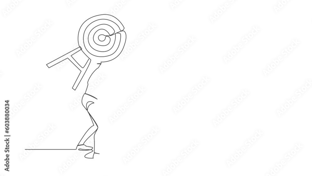 Poster self drawing animation of single line draw tired robot carrying target on his back. exhausted to ach