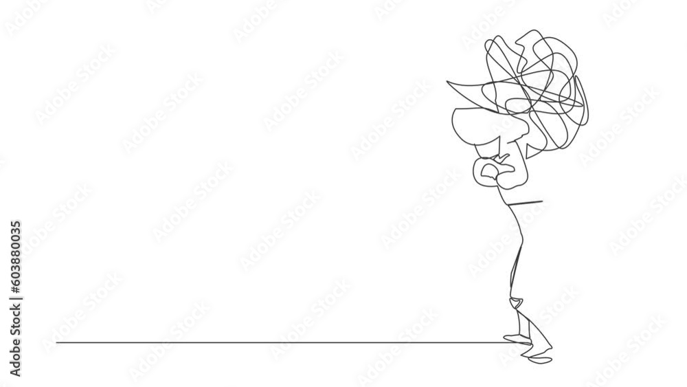 Poster animated self drawing of continuous line draw tired robot carrying messy line on his back. anxiety f