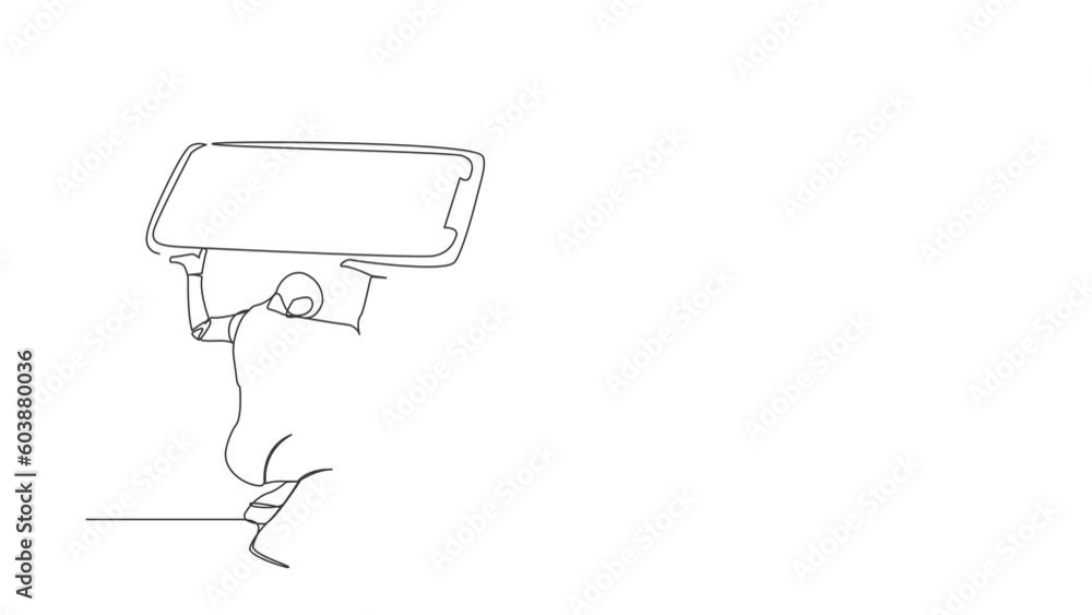 Poster animated self drawing animation of continuous line draw tired robot carrying smartphone on back. fru