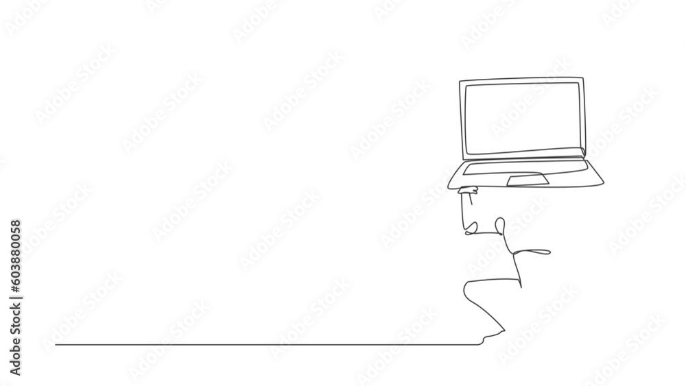 Poster animated self drawing of continuous line draw of tired robot carrying heavy laptop on back. fatigue 